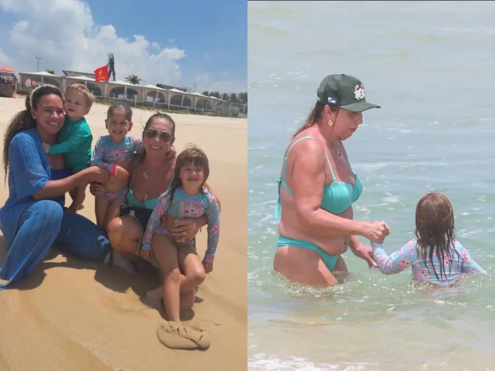 Netos de Margareth Serrão aproveitam manhã de sol na Praia da Reserva, no Rio