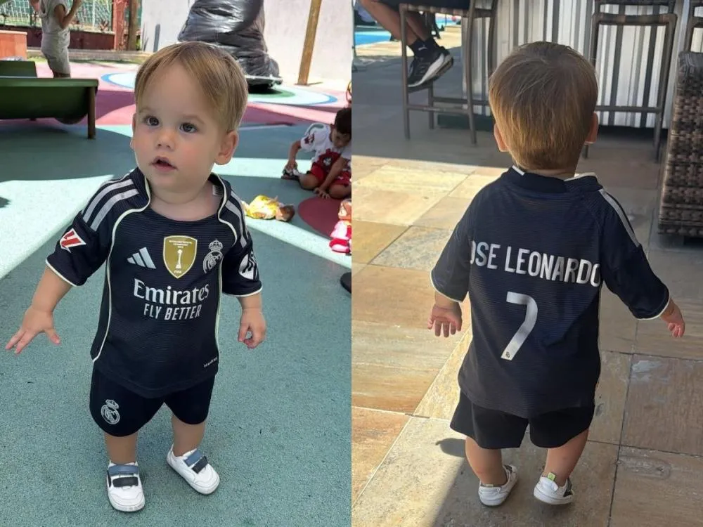 José Leonardo, filho de Virginia Fonseca, veste camisa de Vinicius Jr. em visita ao jogador