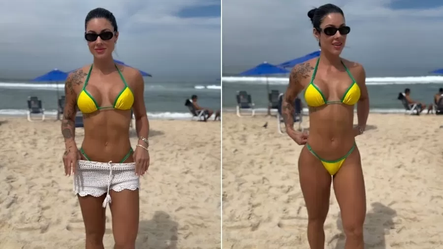 Rayane Figliuzzi curte praia com o filho e rouba a cena com biquíni colorido